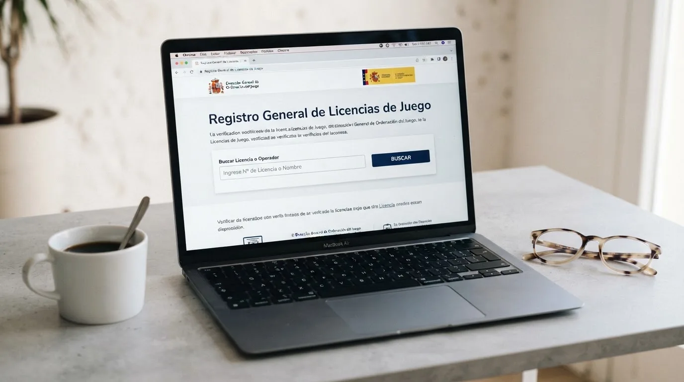 Pantalla del ordenador mostrando la sede electrónica de la DGOJ con el texto «Registro General de Licencias de Juego» y el escudo oficial del Ministerio de Consumo