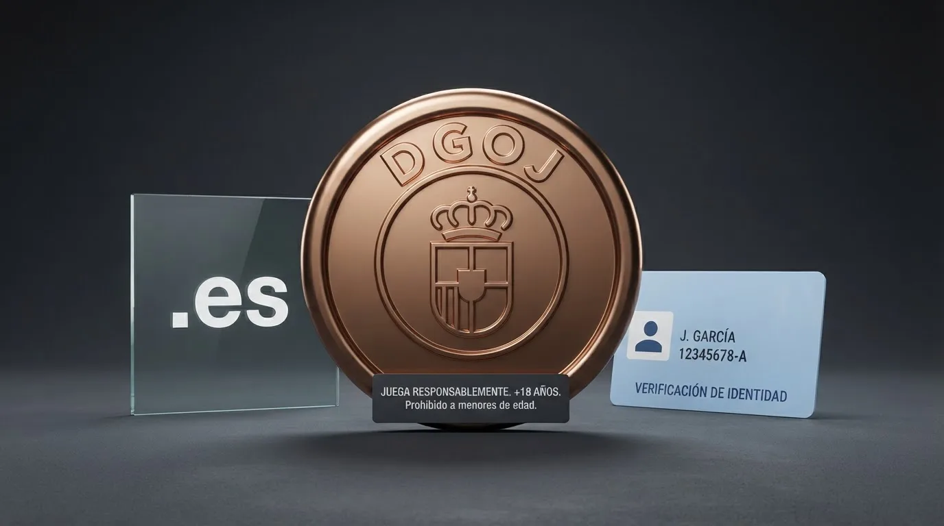Imagen conceptual del sello de la DGOJ y los elementos que distinguen a un casino regulado: dominio .es, verificación de identidad y avisos de juego responsable