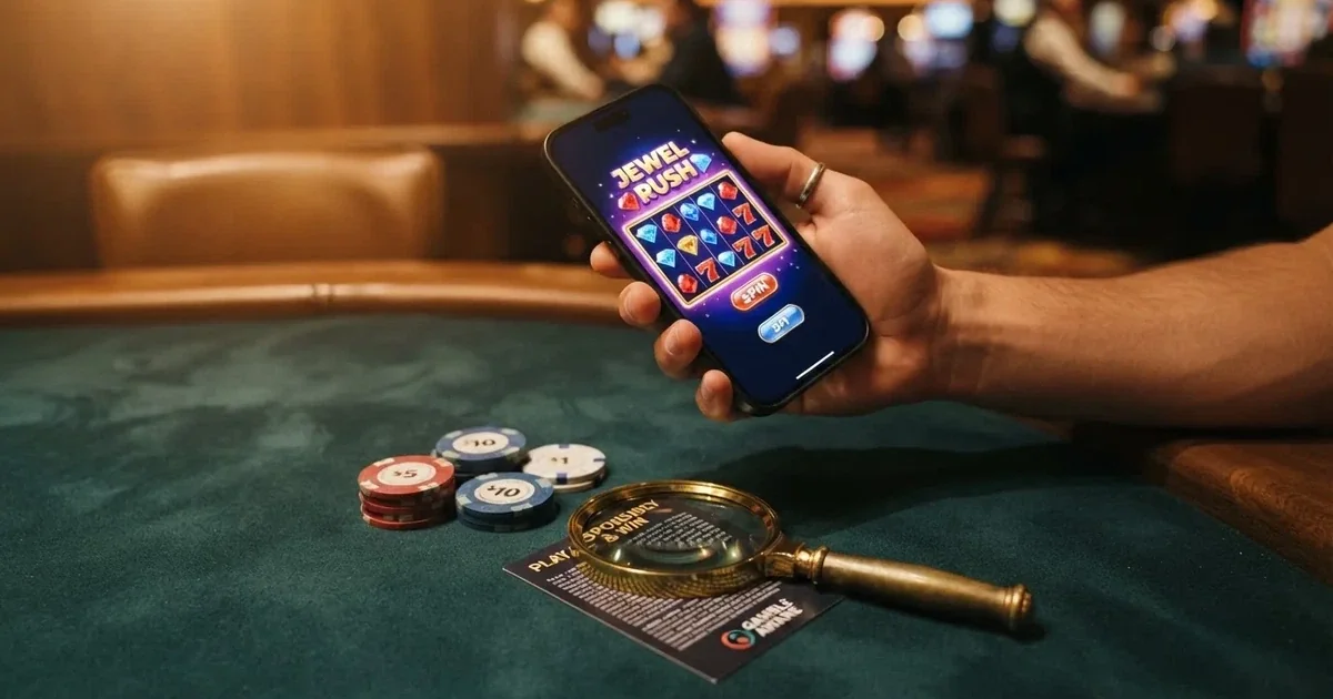 Mano sujetando un móvil con una tragaperras de casino en pantalla y varias fichas de distinto valor apiladas junto al teléfono; una lupa amplía la letra pequeña de un bono