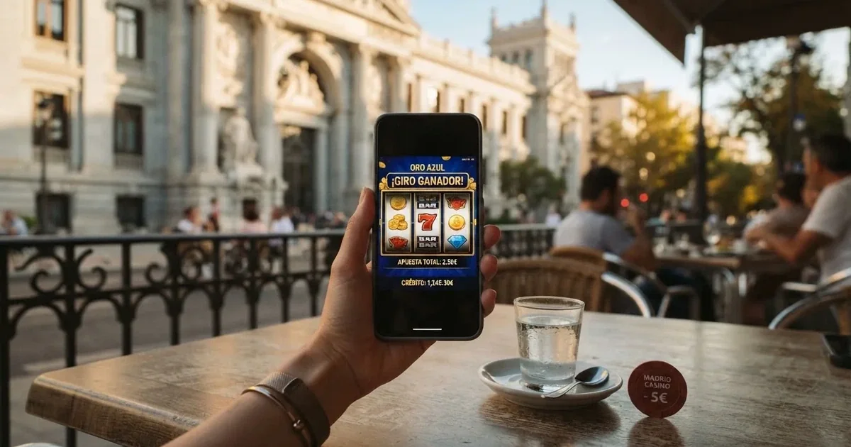 Mano sosteniendo un móvil con la pantalla de un casino online español, junto a la fachada de la sede de la DGOJ en Madrid