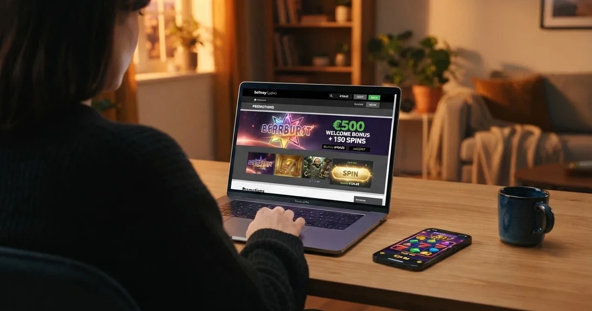 Un ordenador portátil mostrando la página de promociones de un casino online con licencia española, junto a un móvil con una tragaperras abierta en la pantalla
