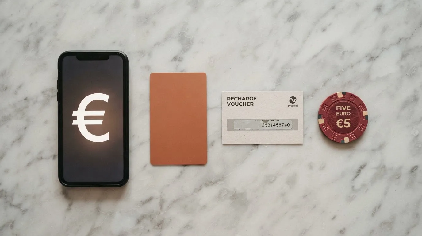 Cuatro métodos de pago dispuestos sobre una superficie: un teléfono mostrando la app de Bizum, una tarjeta bancaria, la pantalla de PayPal y un código de Paysafecard, junto a un billete de 5€.