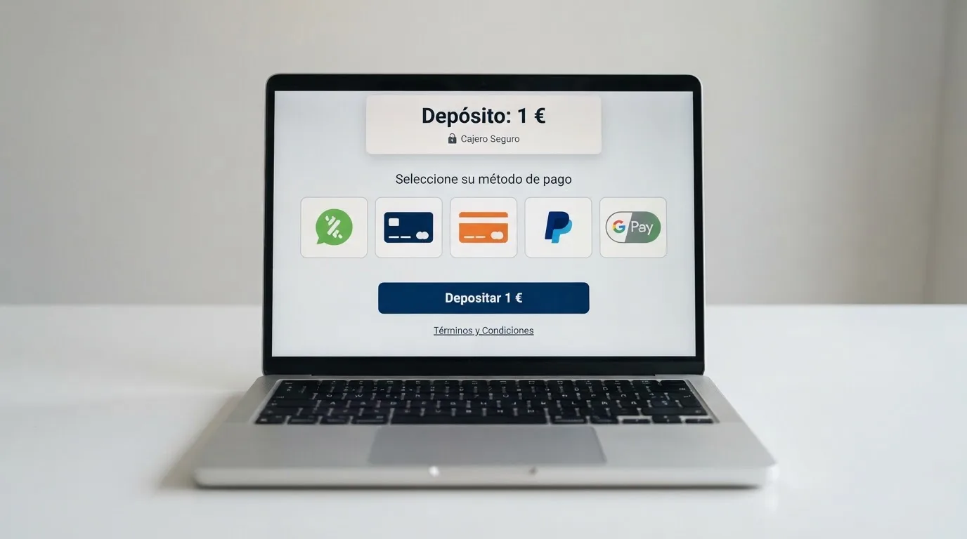 Los logos de Bizum, Visa, Mastercard, PayPal, Apple Pay y Google Pay alineados sobre el fondo de la interfaz de cajero de un casino online