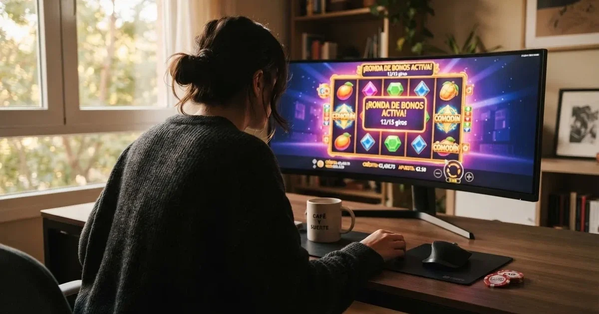 Un jugador consultando una tabla comparativa de casinos online en la pantalla de un ordenador, con el logotipo de la DGOJ visible en segundo plano