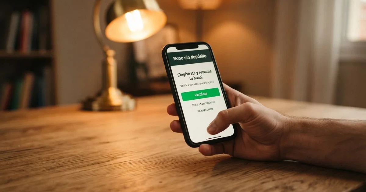 Un teléfono móvil mostrando la pantalla de registro de un casino online español con el texto «bono sin depósito» visible junto al botón de verificación de identidad