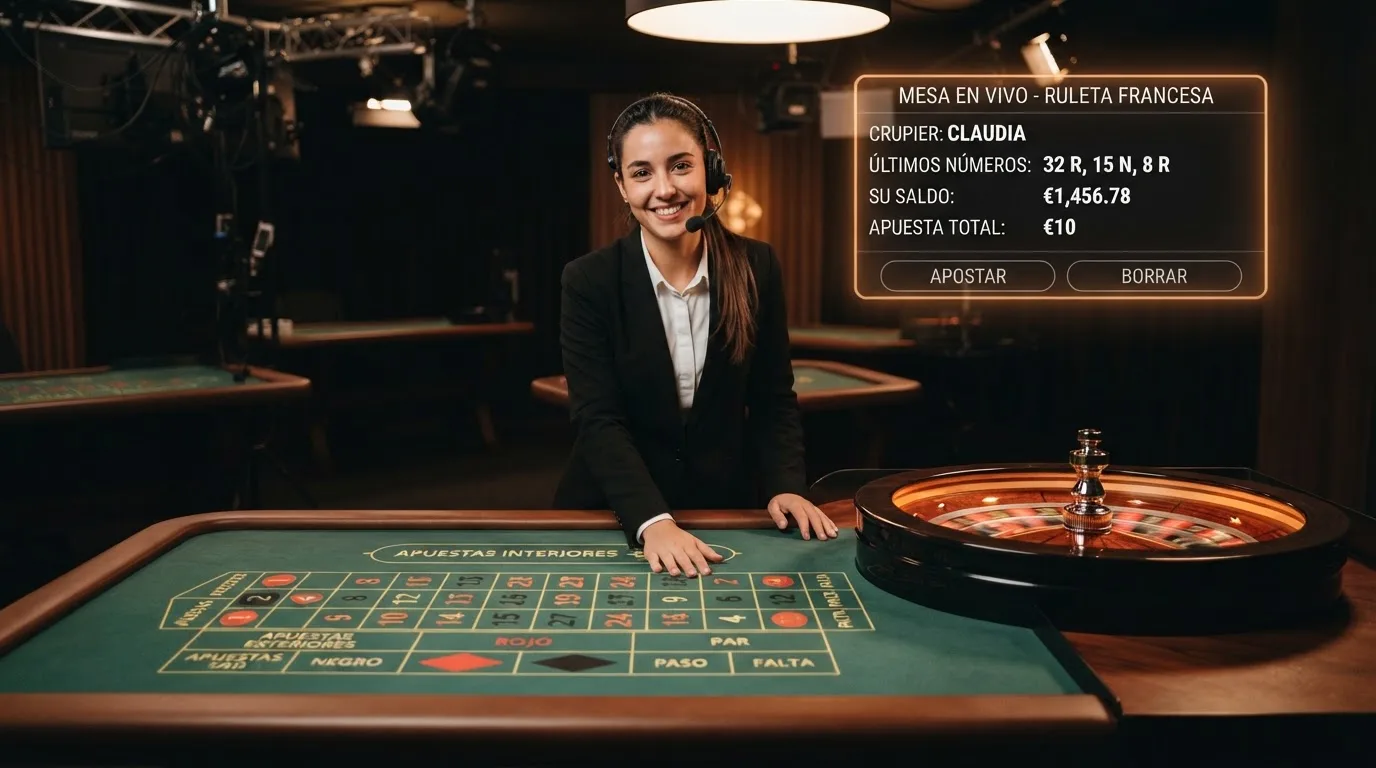 Una mesa de ruleta en vivo de Evolution Gaming con un crupier interactuando con jugadores en línea a través de la interfaz de apuestas