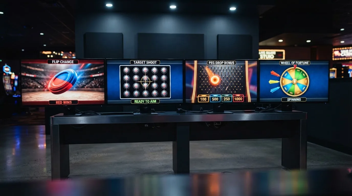 Cuatro pantallas de las rondas de bonificación: Coin Flip, Cash Hunt, Pachinko y Crazy Time