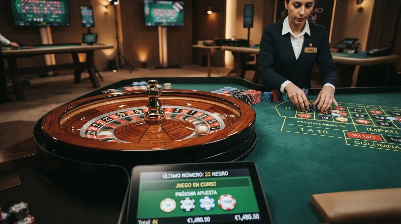 Mesa de ruleta en vivo con crupier real retransmitida desde el estudio de Casino Barcelona, interfaz de apuestas visible en pantalla