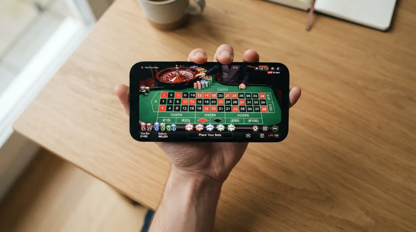 Mano sosteniendo un móvil en horizontal con una mesa de ruleta en vivo en pantalla, el crupier visible y fichas de apuesta en la interfaz