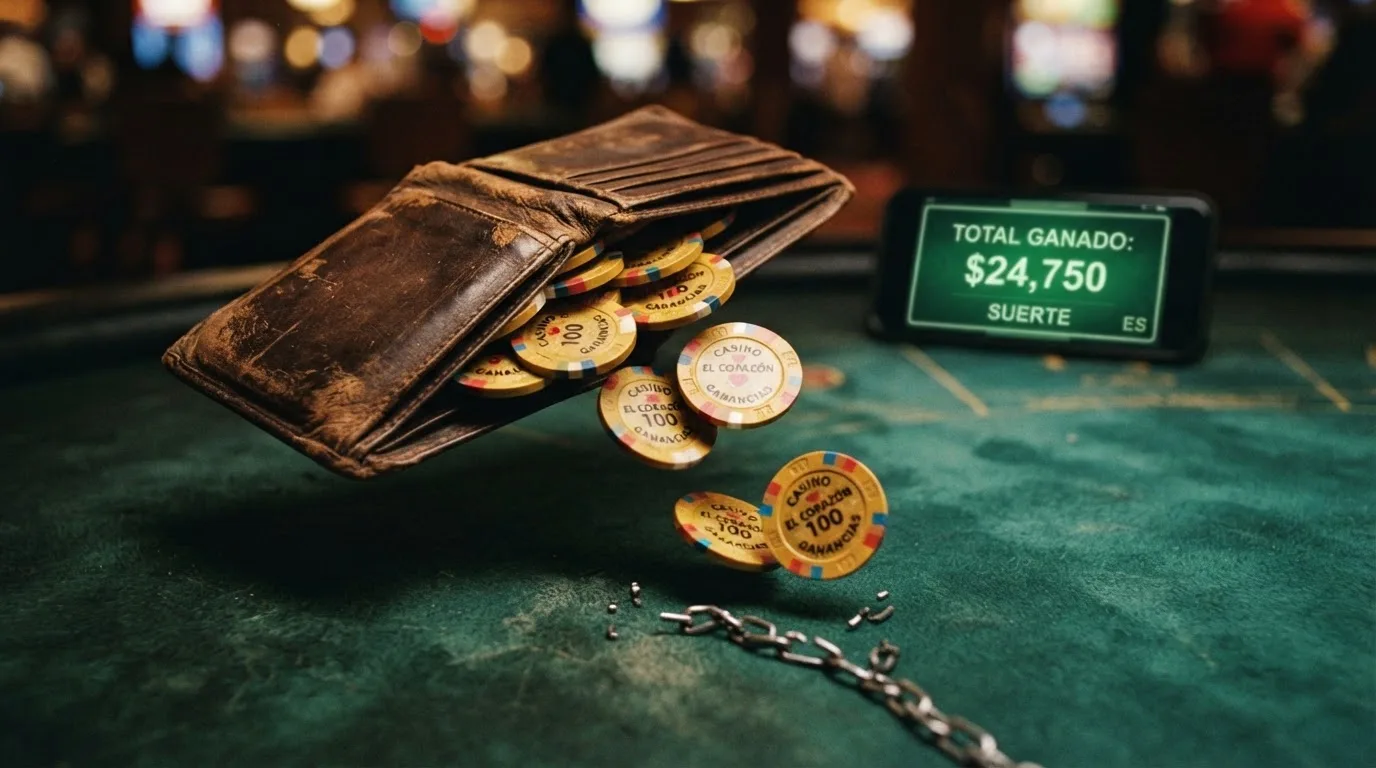 Un monedero abierto del que salen monedas con el símbolo del euro mientras una cadena rota cae al suelo; al fondo, una pantalla muestra el contador de ganancias en verde
