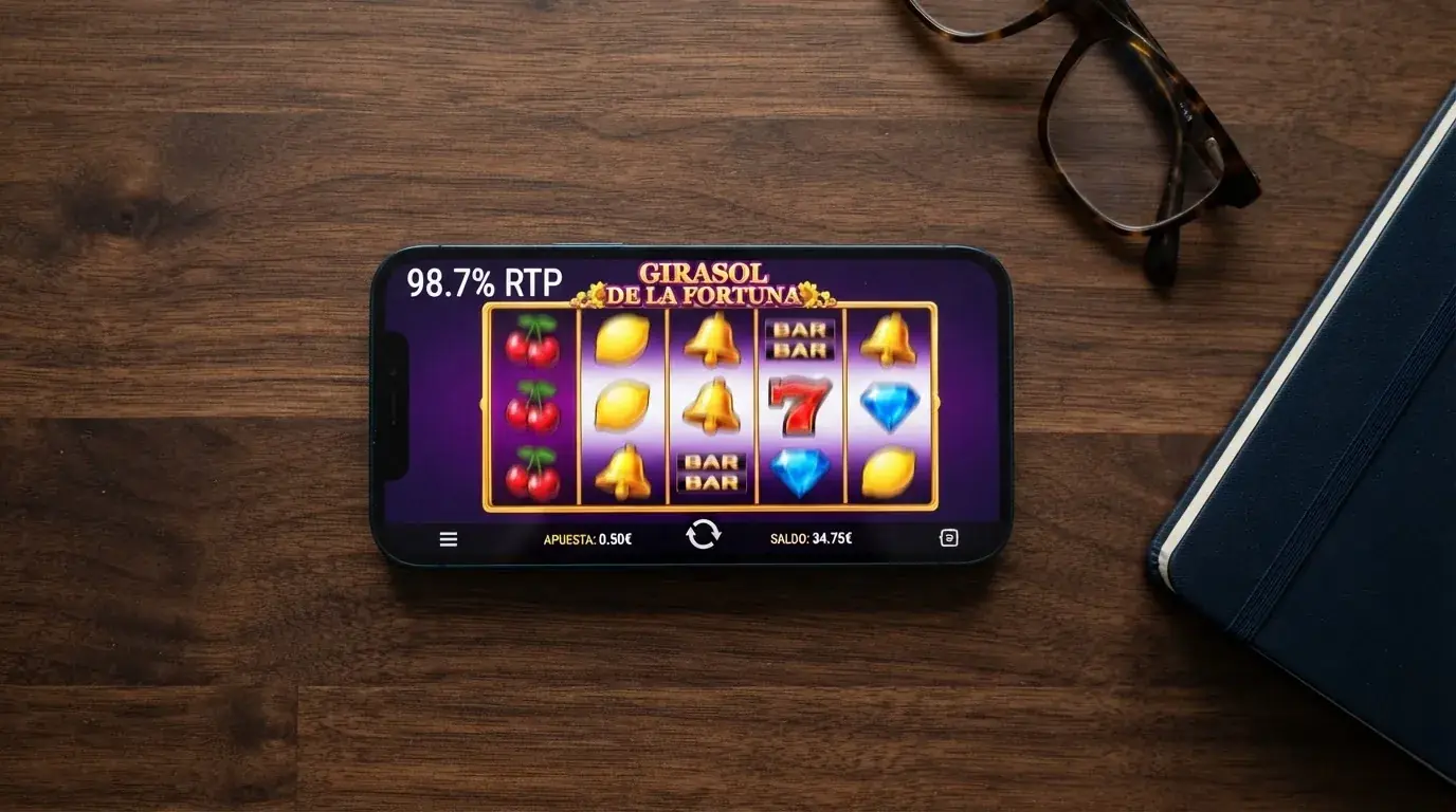 La pantalla de un móvil muestra los rodillos de una tragaperras colorida con el indicador de RTP visible en la interfaz del juego