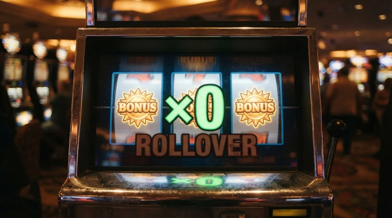 Primer plano de una ruleta de tragaperras detenida en un símbolo de bonus, con un texto superpuesto que dice «x0» tachando la palabra «rollover»