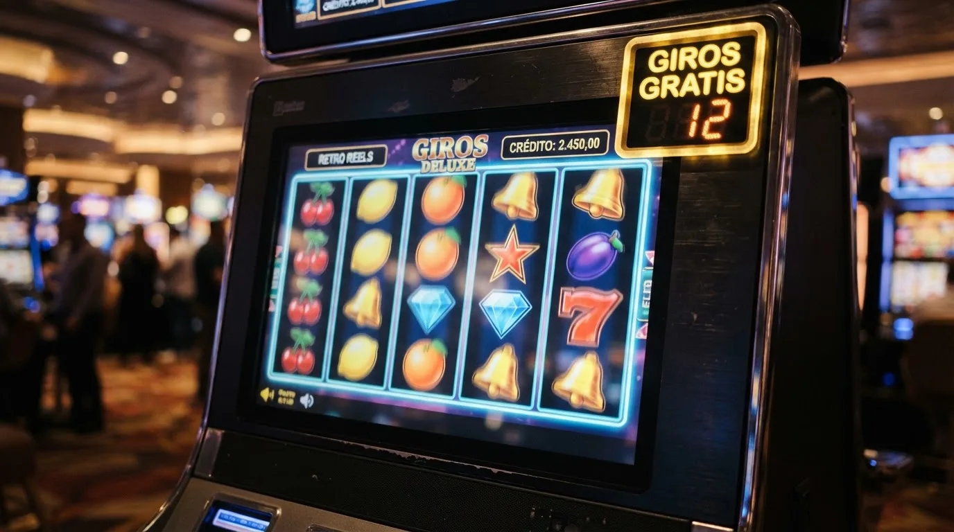 Captura de pantalla de una tragaperra online en marcha con el contador de giros gratis activo en la esquina, en un entorno de casino con licencia DGOJ