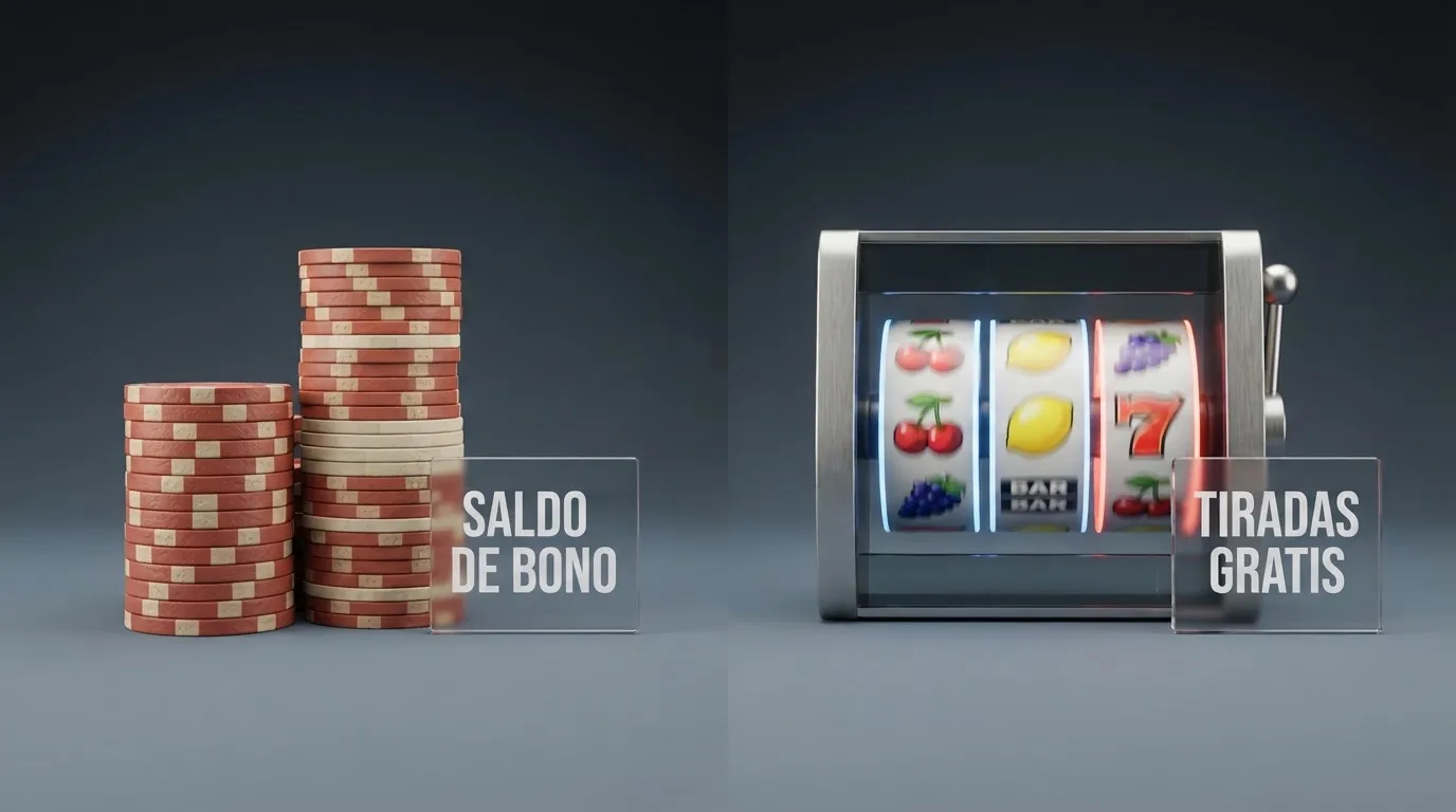Dos columnas visuales: una pila de monedas con el texto «saldo de bono» frente a una ruleta de tragaperras girando con el texto «tiradas gratis»