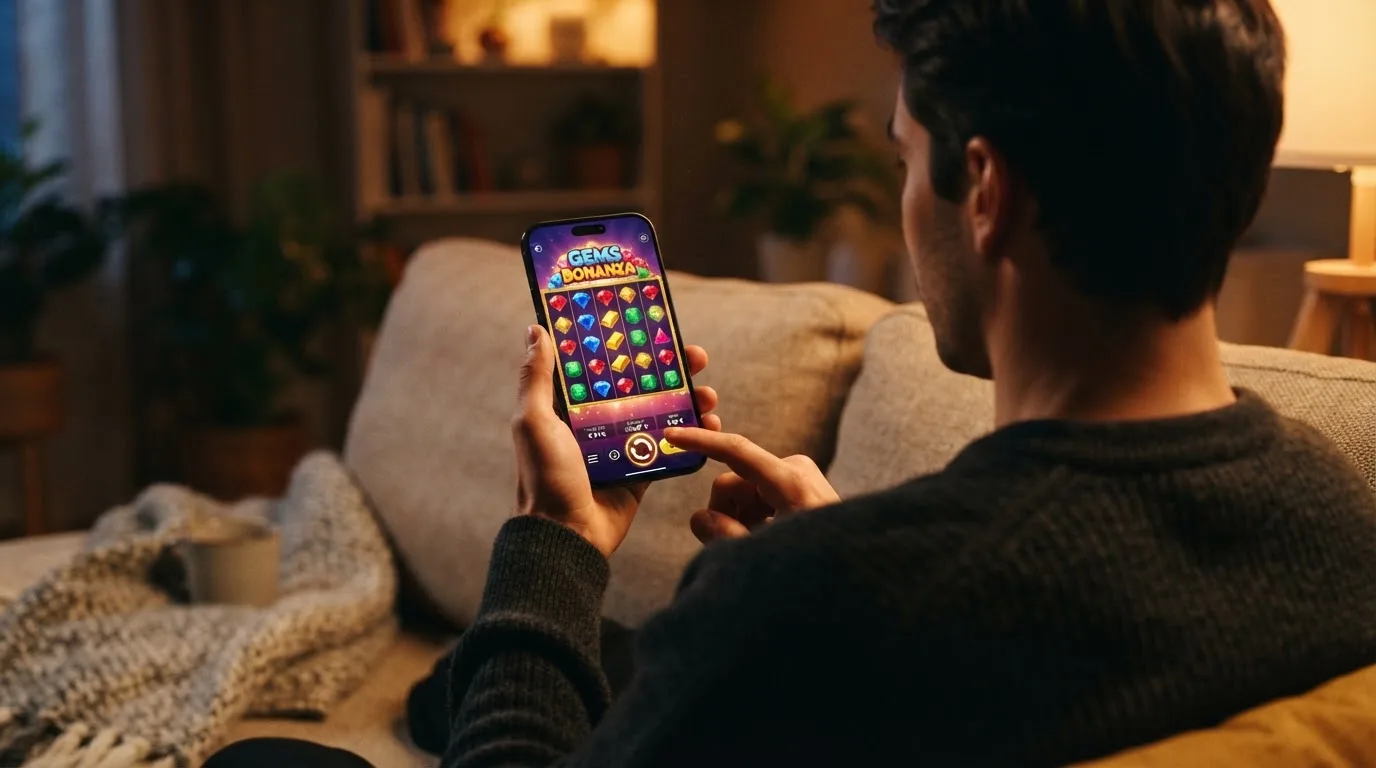Una mano sostiene un móvil con la pantalla de una tragaperras colorida en primer plano, mostrando el ajuste de apuesta en 0,01€