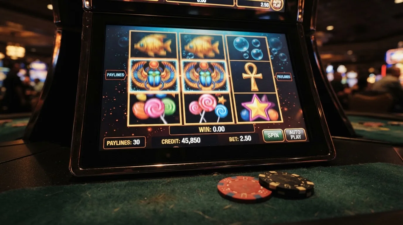 Primer plano de una pantalla con varias tragaperras online — Big Bass Splash, Book of Dead y Sweet Bonanza — y fichas de juego sobre la mesa