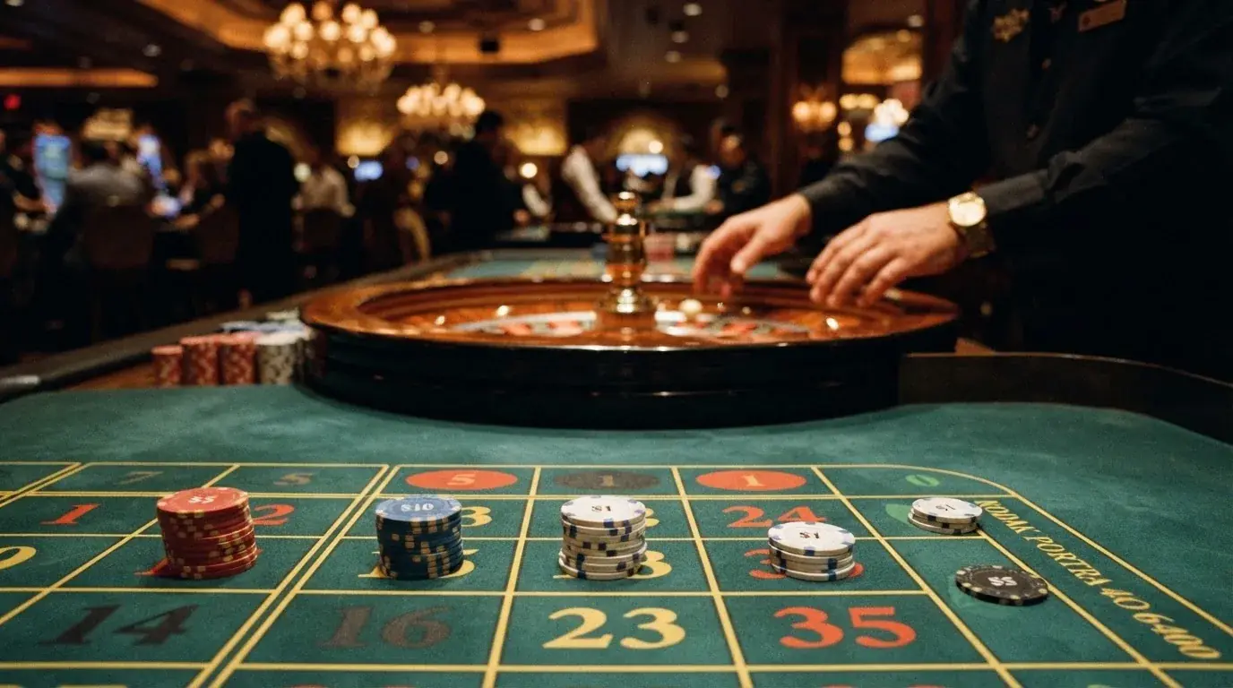 Una cuadrícula con portadas de tragaperras online, una ruleta en vivo con crupier y una mesa de blackjack