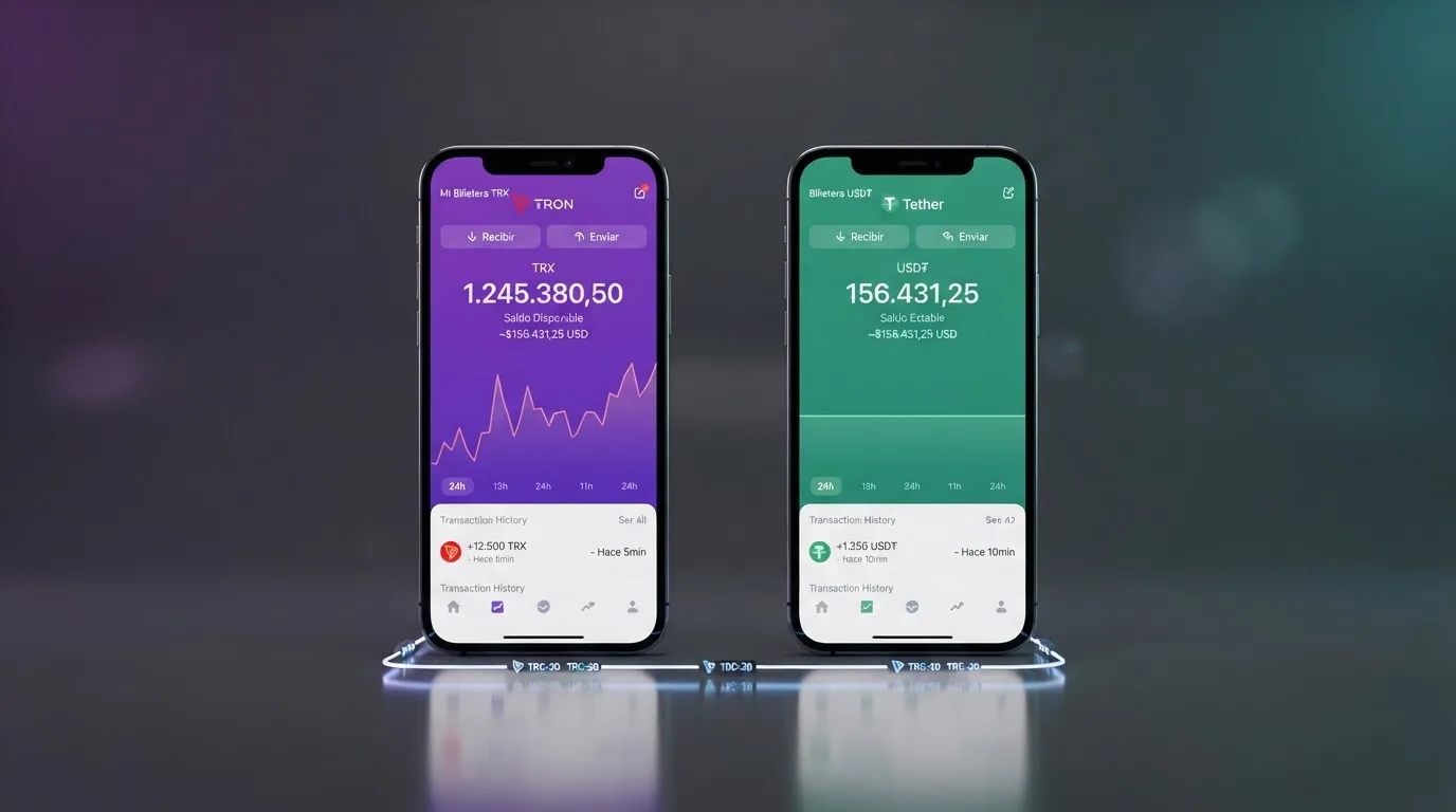 Pantalla dividida con dos monederos digitales: uno muestra saldo en TRX, el otro en USDT sobre la red TRC-20