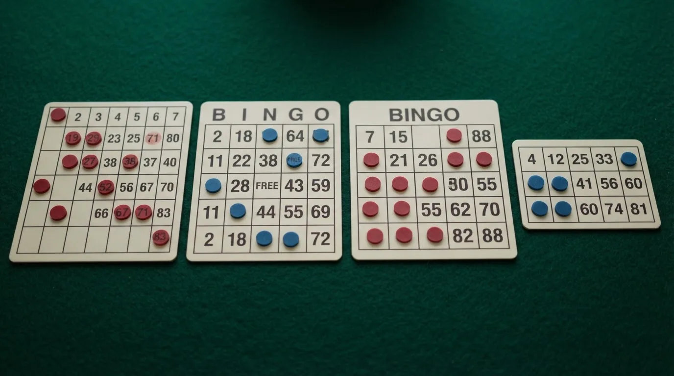Cuatro cartones de bingo digitales alineados mostrando las diferencias entre 90, 75, 80 y 30 bolas, con sus distintas cuadrículas y números