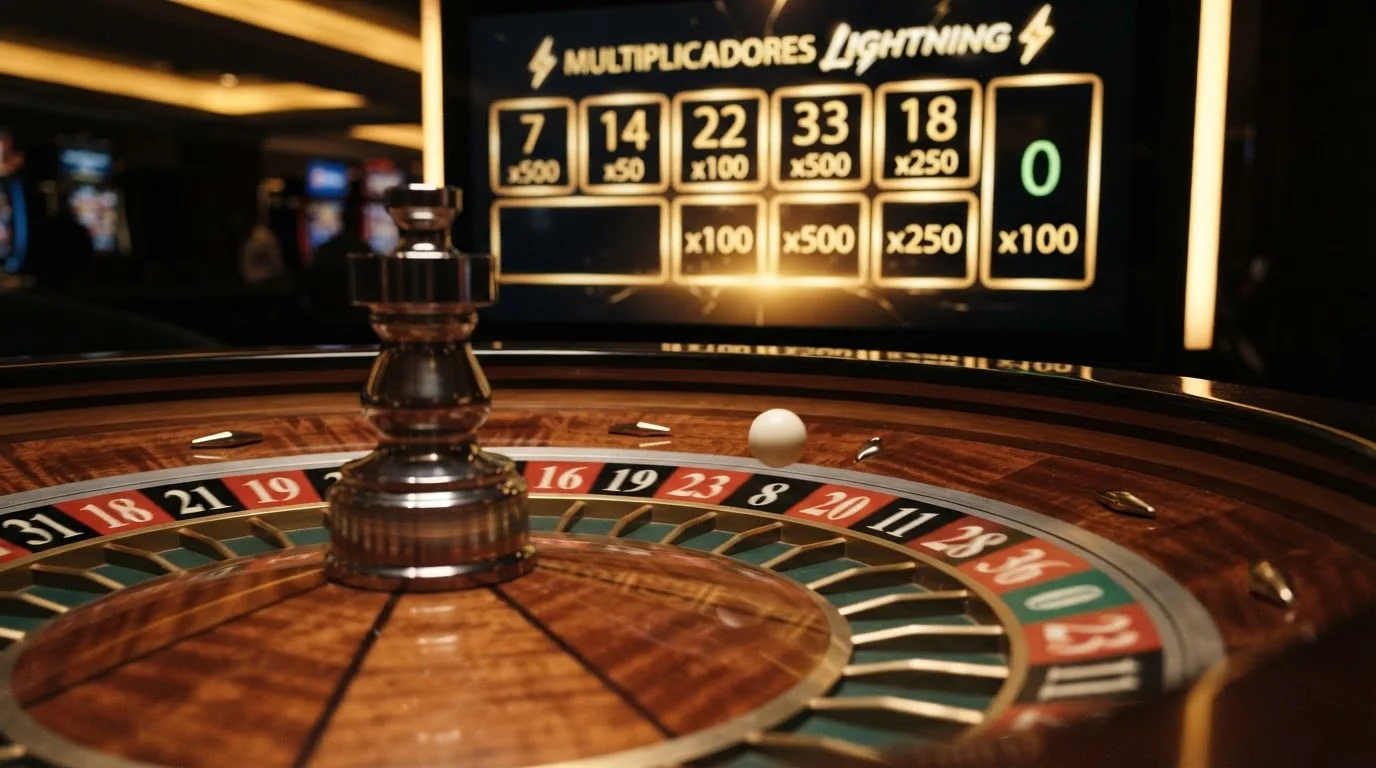 Primer plano de una ruleta de Evolution Gaming con la interfaz de apuestas y los multiplicadores Lightning visibles en pantalla